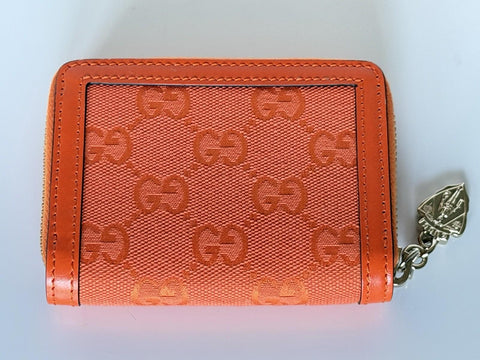 Gucci GG Print Bright Orange Zip Around Leather/Canvas Card Case Wallet IT NIB