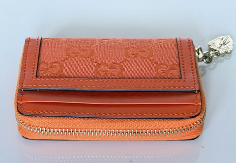Gucci GG Print Bright Orange Zip Around Leather/Canvas Card Case Wallet IT NIB