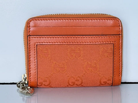 Gucci GG Print Bright Orange Zip Around Leather/Canvas Card Case Wallet IT NIB