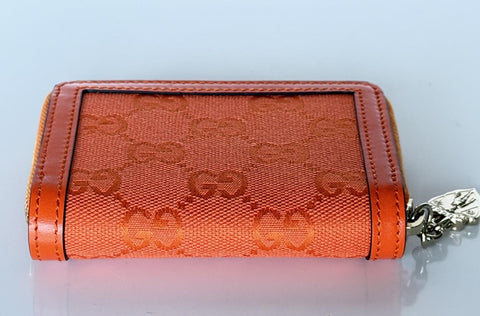 Gucci GG Print Bright Orange Zip Around Leather/Canvas Card Case Wallet IT NIB