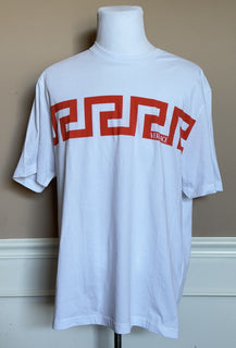Versace Greek Key Print Cotton Jersey T-Shirt White/Coral 3XL 1014427 NWT