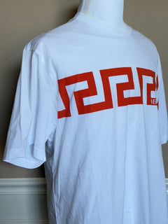 Versace Greek Key Print Cotton Jersey T-Shirt White/Coral 3XL 1014427 NWT