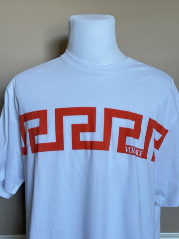 Versace Greek Key Print Cotton Jersey T-Shirt White/Coral 3XL 1014427 NWT