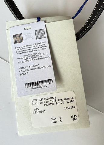 Burberry Small Zip Closure Tote Bag Archive Beige IP Check 8112056 IT NWT $1395