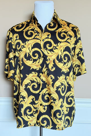 Versace Baroque Short Sleeve Shirt Black & Gold L (50 Euro) 1010103 NWT $1400