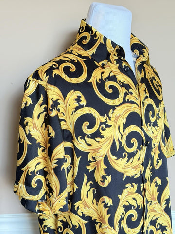 Versace Baroque Short Sleeve Shirt Black & Gold L (50 Euro) 1010103 NWT $1400