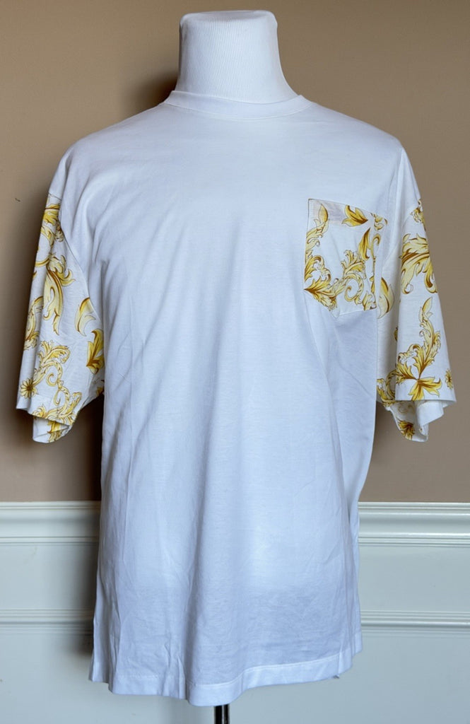 Versace Leafy Print Cotton Jersey T-Shirt White & Gold 5XL 1021353 Italy NWT
