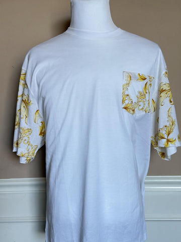 Versace Leafy Print Cotton Jersey T-Shirt White & Gold 3XL 1021353 Italy NWT