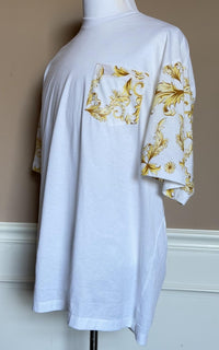 Versace Leafy Print Cotton Jersey T-Shirt White & Gold 3XL 1021353 Italy NWT