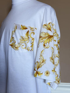 Versace Leafy Print Cotton Jersey T-Shirt White & Gold 3XL 1021353 Italy NWT