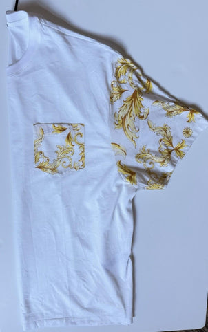 Versace Leafy Print Cotton Jersey T-Shirt White & Gold 3XL 1021353 Italy NWT