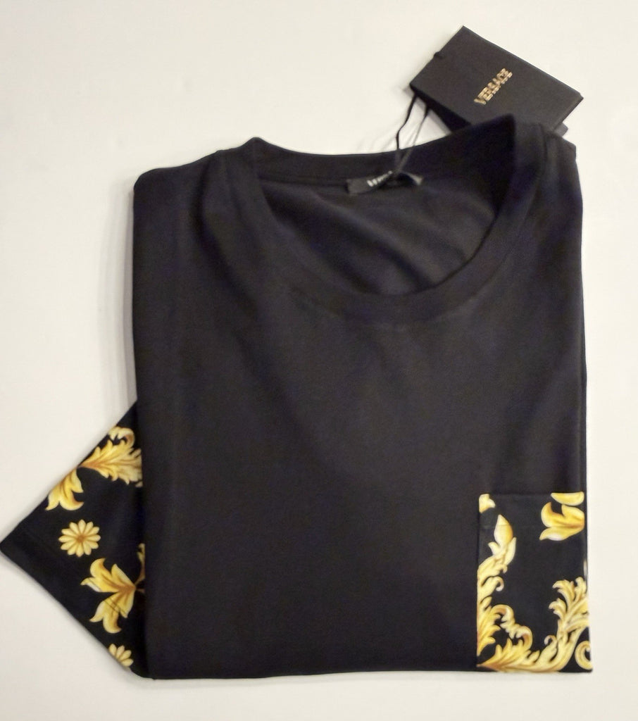 Versace Leafy Cotton Jersey T-Shirt Black/Gold XL 1021353 Made in Italy NWT