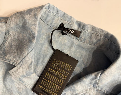Versace Jacquard Chambray Denim Shirt Blue 44 US (54 Euro) 1007836 Italy NWT