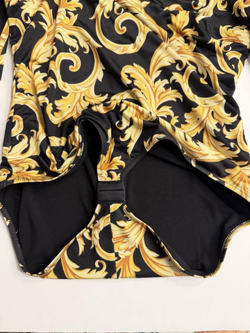 Versace Baroque Poly Stretch Bodysuit Black/Gold 6 US (42  Eu) 1012581 NWT $1100