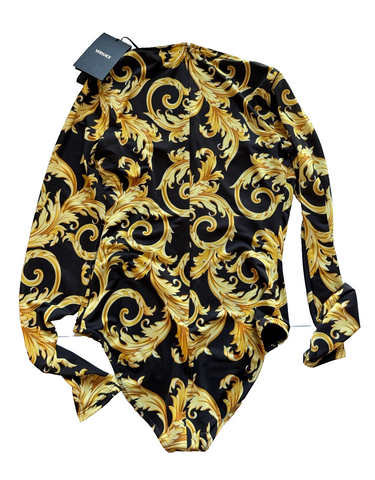 Versace Baroque Poly Stretch Bodysuit Black/Gold 8 US (44 Eu) 1012581 NWT $1100