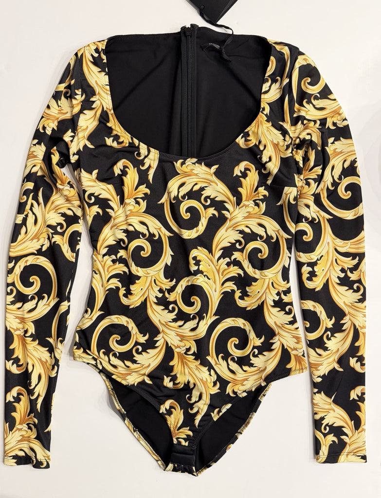 Versace Baroque Poly Stretch Bodysuit Black/Gold 12 US (46 Eu) 1012581 NWT $1100
