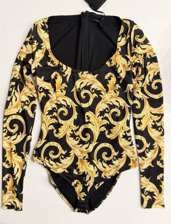 Versace Baroque Poly Stretch Bodysuit Black/Gold 12 US (46 Eu) 1012581 NWT $1100
