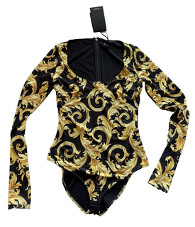 Versace Baroque Poly Stretch Bodysuit Black/Gold 12 US (46 Eu) 1012581 NWT $1100