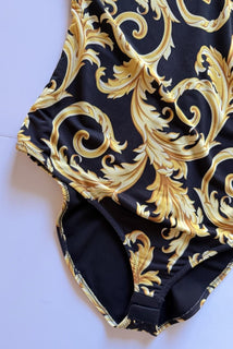 Versace Baroque Poly Stretch Bodysuit Black/Gold 12 US (46 Eu) 1012581 NWT $1100