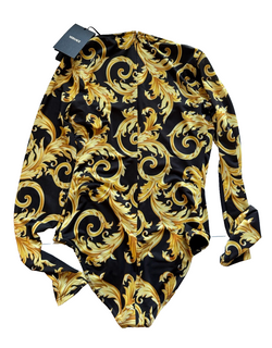 Versace Baroque Poly Stretch Bodysuit Black/Gold 12 US (46 Eu) 1012581 NWT $1100