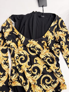 Versace Baroque Poly Stretch Bodysuit Black/Gold 12 US (46 Eu) 1012581 NWT $1100