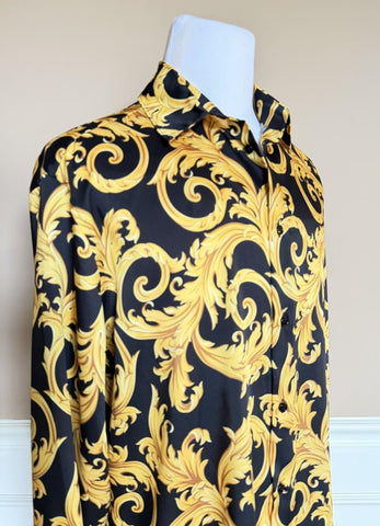 Versace Baroque Long Sleeve Shirt Black & Gold 3XL (56 Euro) 1008274 NWT