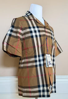 Burberry Elio Toupe Brown IP Check Cotton Short Sleeve Shirt M 8104201 NWT $590