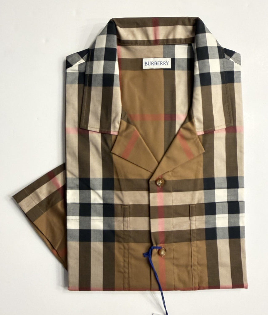 Burberry Elio Toupe Brown IP Check Cotton Short Sleeve Shirt L 8104201 NWT $590