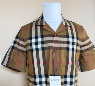 Burberry Elio Toupe Brown IP Check Cotton Short Sleeve Shirt L 8104201 NWT $590