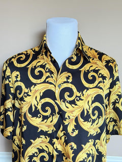 Versace Baroque Short Sleeve Shirt Black & Gold XL (52 Euro) 1010103 NWT $1400