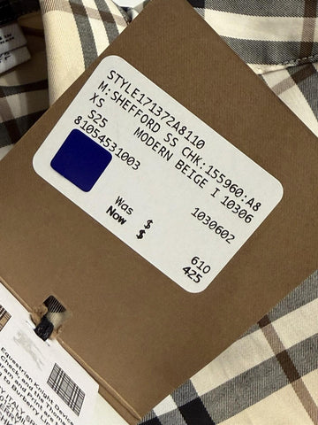 Burberry Shefford Modern Beige IP Check Short Sleeve Shirt XS 8105453 NWT $610