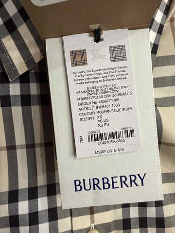 Burberry Shefford Modern Beige IP Check Short Sleeve Shirt XS 8105453 NWT $610