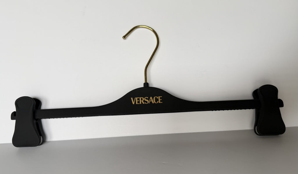 VERSACE Gray Plustic Clip Pants Hangers with Gold Hardware 14.5"