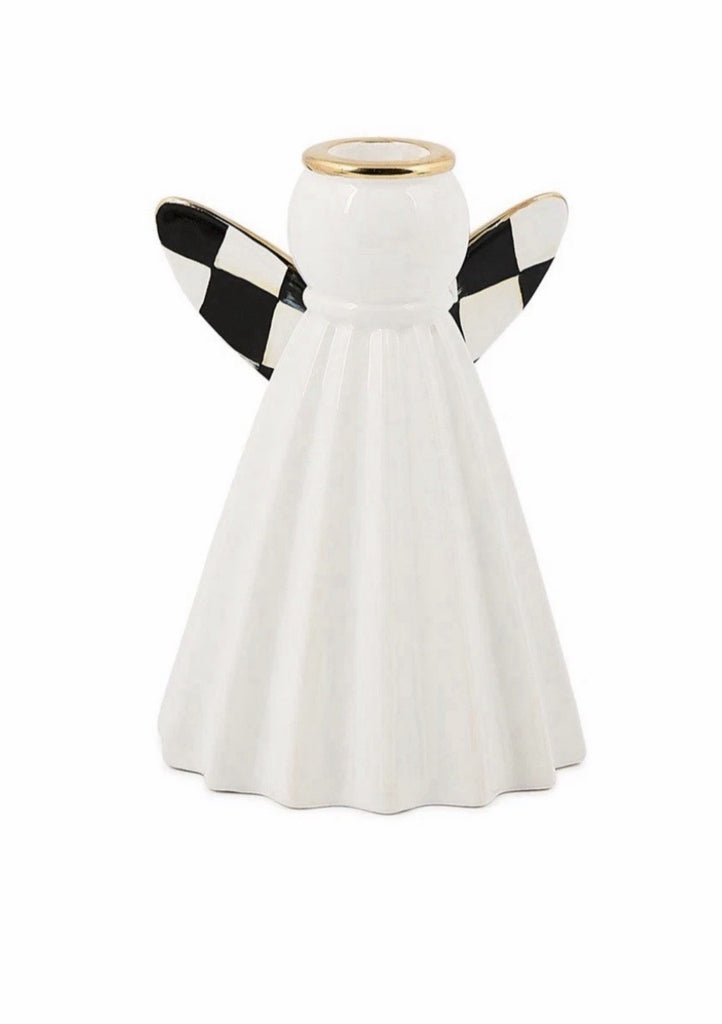 MacKenzie Childs courtly check Short  6” ceramic Angel Candlestick Holder NIB