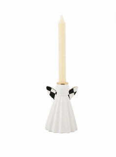 MacKenzie Childs courtly check Short  6” ceramic Angel Candlestick Holder NIB