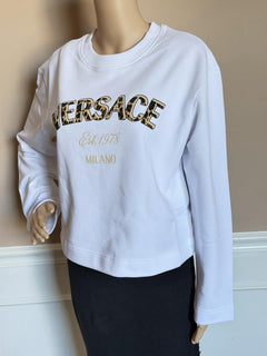 Versace Logo White Cotton Crop Sweatshirt 4 US (40 Euro) 1019251 NWT