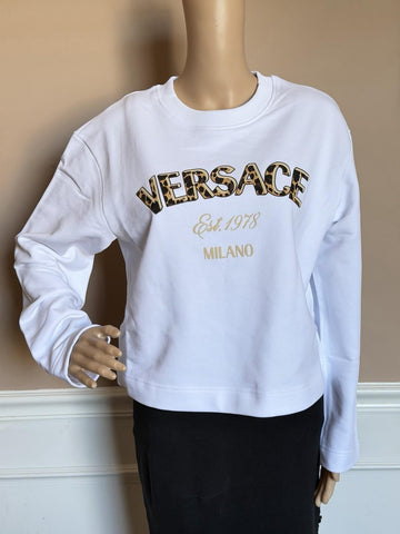Versace Logo White Cotton Crop Sweatshirt 4 US (40 Euro) 1019251 NWT