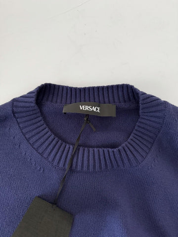 Versace Greca Knit Cotton Sweater Blue 54 Euro (2XL) 1021724 NWT $1125