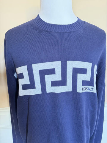 Versace Greca Knit Cotton Sweater Blue 58 Euro (4XL) 1021724 NWT $1125