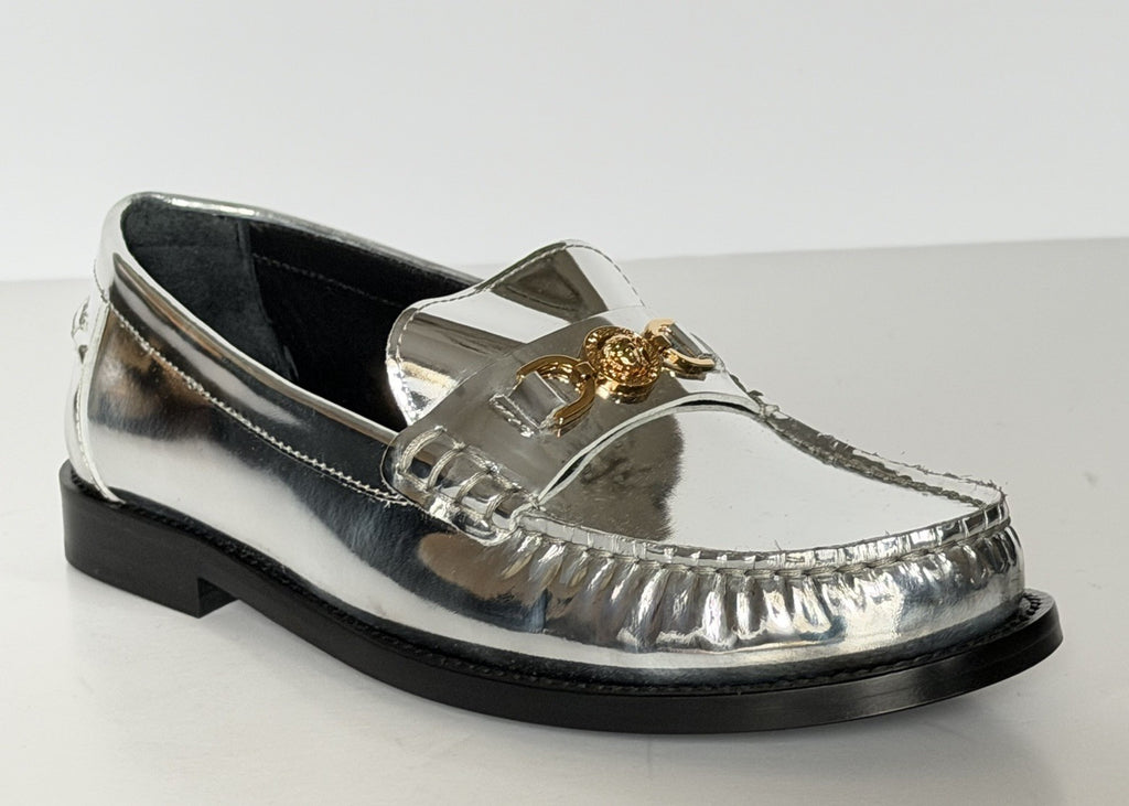 VERSACE Women’s Gold Medusa Silver Leather Loafers 7.5 US (37.5) 1012123 IT NIB