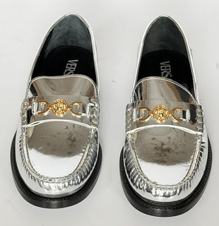 VERSACE Women’s Gold Medusa Silver Leather Loafers 7.5 US (37.5) 1012123 IT NIB