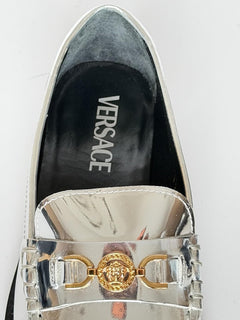 VERSACE Women’s Gold Medusa Silver Leather Loafers 7.5 US (37.5) 1012123 IT NIB