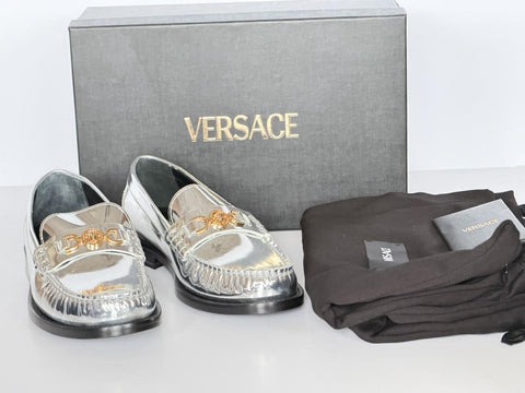VERSACE Women’s Gold Medusa Silver Leather Loafers 8.5 US (38.5) 1012123 IT NIB