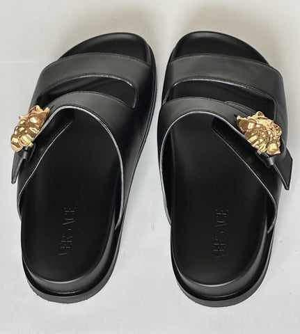 Versace Medusa Black Leather Slides Sandals 10 US (43 Euro) 1020767 NIB