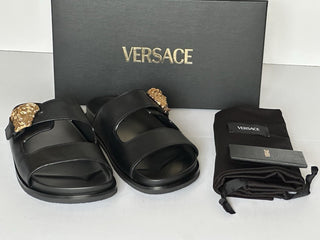 Versace Medusa Black Leather Slides Sandals 10 US (43 Euro) 1020767 NIB