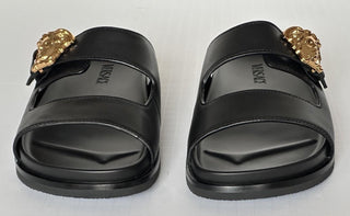 Versace Medusa Black Leather Slides Sandals 10 US (43 Euro) 1020767 NIB