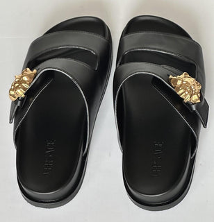Versace Medusa Black Leather Slides Sandals 10 US (43 Euro) 1020767 NIB