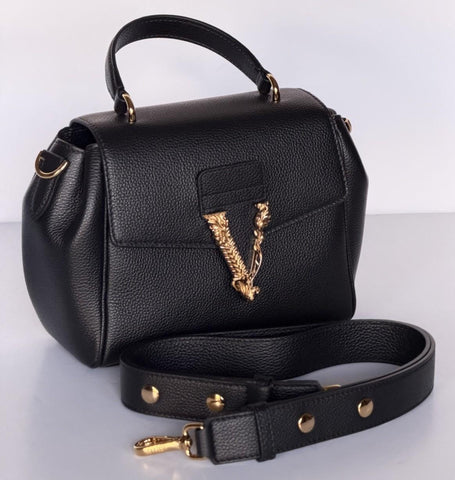 Versace Virtus Grainy Calf Leather Black Top Handle Bag 1015556 IT NWT $1700