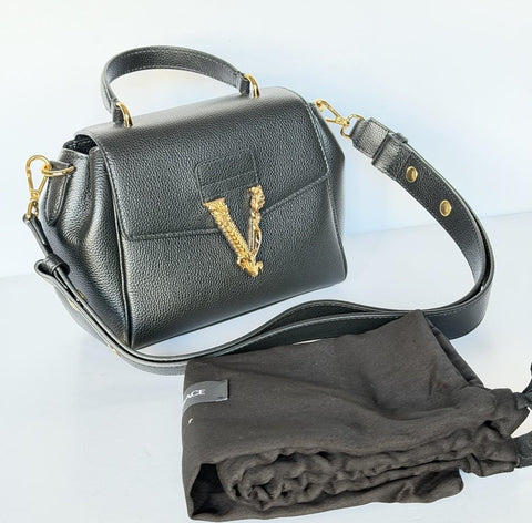 Versace Virtus Grainy Calf Leather Black Top Handle Bag 1015556 IT NWT $1700