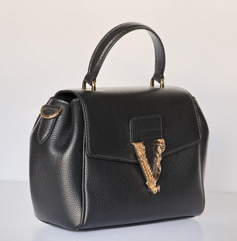 Versace Virtus Grainy Calf Leather Black Top Handle Bag 1015556 IT NWT $1700